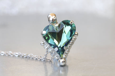 HEART NECKLACE, Rebeka Emerald Necklace, Green Heart Shaped Necklace, Bridesmaid Necklace Earrings Set, Anniversary Gift, Wife,Christmas