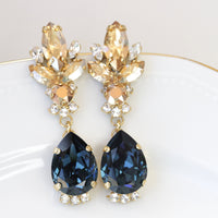 ROSE GOLD NAVY Earrings, Rebeka Crystal Earrings, Long Chandelier Earrings, Navy Blue Wedding, Dark Sapphire Champagne bridal Jewelry,