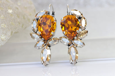 ORANGE GOLD EARRINGS,Statement Long Earrings,Woman's Earrings,Rebeka Boho Jewelry For Rustic Wedding Gift, 1980's Style Jewelry,Champagne