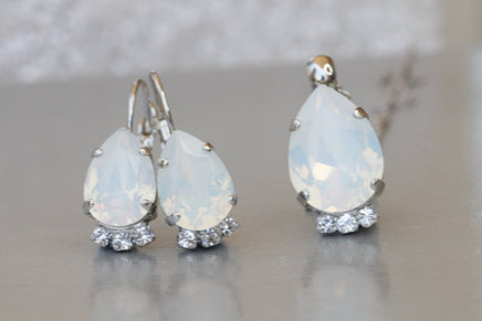 WHITE OPAL Earrings, White Milk Teardrop Earrings, Wedding Crystal Jewelry, Bridal Dainty Earrings Necklace Set, Rebeka Bridesmaid Gift