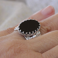 ONYX Silver Ring, Boho Silver Ring, Genuine Onyx Ring, Chunky Ring For Women, Filigree Adjustable Ring,, Flat Oval Rings,Black Stone Ring
