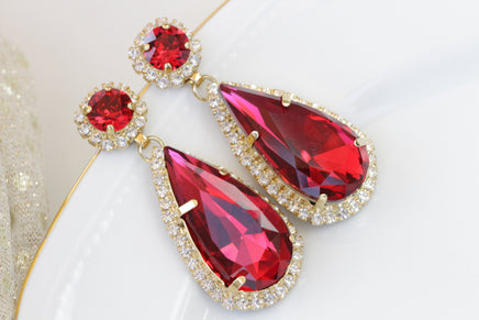 Red Rebeka EARRINGS, Red Teardrop Earrings, Ruby Red Statement Earrings, Rhinestone Ruby Earrings for Women, Red Halo Evening Earrings