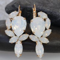WHITE BRIDAL EARRINGS, Opal Crystal Earrings,Cluster Large Earrings, Leverback Earrings, Rebeka Jewelry For Brides, Wedding Drop Earring