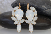 WHITE BRIDAL EARRINGS, Opal Crystal Earrings,Cluster Large Earrings, Leverback Earrings, Rebeka Jewelry For Brides, Wedding Drop Earring