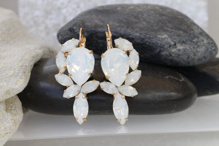 WHITE BRIDAL EARRINGS, Opal Crystal Earrings,Cluster Large Earrings, Leverback Earrings, Rebeka Jewelry For Brides, Wedding Drop Earring