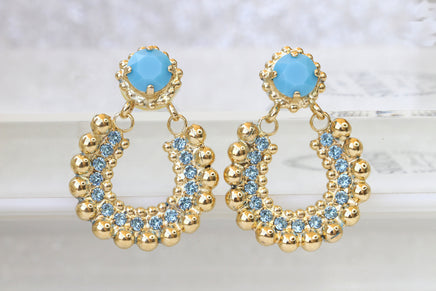 TURQUOISE GOLD EARRINGS, Boho Hoops, Gypsy Hoop Earrings, Moroccan Jewelry, Rebeka Vintage Earrings,Blue Turquoise Wedding Bridal Earring