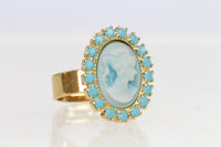 BLUE CAMEO RING,  Oval Cameo Earrings, Victorian Ring,Romantic Vintage Ring, Gold Cameo Ring, Turquoise Rebeka,Christmas Woman Gift Ideas