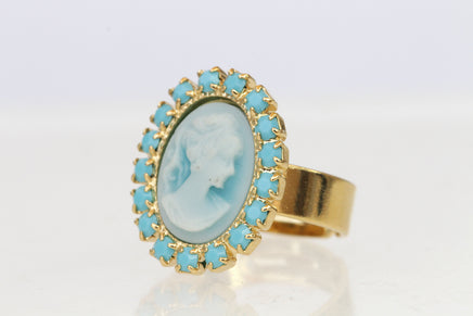 BLUE CAMEO RING,  Oval Cameo Earrings, Victorian Ring,Romantic Vintage Ring, Gold Cameo Ring, Turquoise Rebeka,Christmas Woman Gift Ideas