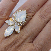 WHITE OPAL Rebeka Ring, Large Ring, Statement Bridal Ring, Bridesmaid Ring, Adjustable Ring, White And Clear Ring, White Cocktail Ring