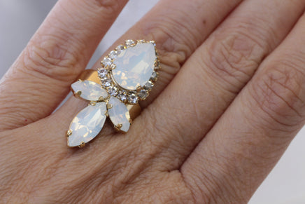 WHITE OPAL Rebeka Ring, Large Ring, Statement Bridal Ring, Bridesmaid Ring, Adjustable Ring, White And Clear Ring, White Cocktail Ring