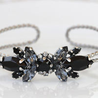 GRAY BLACK BRACELET, Rebeka Wedding Silver Bracelet, Open Bracelet, Bridal Silver Night Adjustable Cuff ,Woman Evening Jewelry