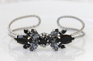 GRAY BLACK BRACELET, Rebeka Wedding Silver Bracelet, Open Bracelet, Bridal Silver Night Adjustable Cuff ,Woman Evening Jewelry