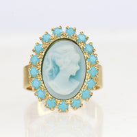 BLUE CAMEO RING,  Oval Cameo Earrings, Victorian Ring,Romantic Vintage Ring, Gold Cameo Ring, Turquoise Rebeka,Christmas Woman Gift Ideas