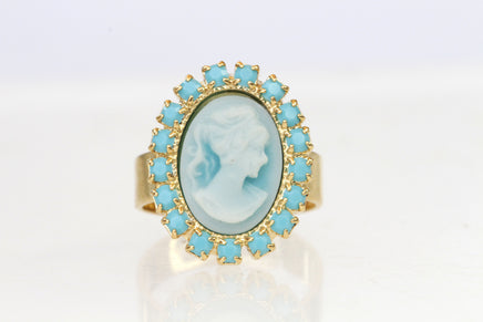 BLUE CAMEO RING,  Oval Cameo Earrings, Victorian Ring,Romantic Vintage Ring, Gold Cameo Ring, Turquoise Rebeka,Christmas Woman Gift Ideas