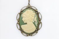 Cameo Necklace, Green Necklace, Cameo Pendant, Olive Green Jewelry, Lady Cameo Necklace, Victorian Style, Acrylic Cameo , Mother&#39;s Day Gift