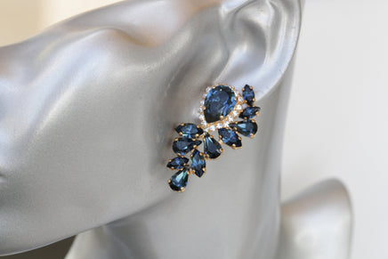 NAVY EARRINGS, Statement Earrings, Rebeka Large studs, Bridal Dark Blue Earrings, Blue Crystal Earrings,Bridal Blue Topaz Wedding studs