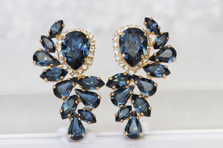 NAVY EARRINGS, Statement Earrings, Rebeka Large studs, Bridal Dark Blue Earrings, Blue Crystal Earrings,Bridal Blue Topaz Wedding studs