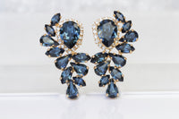 NAVY EARRINGS, Statement Earrings, Rebeka Large studs, Bridal Dark Blue Earrings, Blue Crystal Earrings,Bridal Blue Topaz Wedding studs