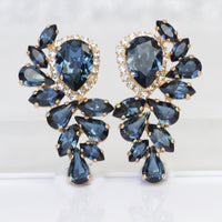 NAVY EARRINGS, Statement Earrings, Rebeka Large studs, Bridal Dark Blue Earrings, Blue Crystal Earrings,Bridal Blue Topaz Wedding studs