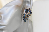 NAVY EARRINGS, Statement Earrings, Rebeka Large studs, Bridal Dark Blue Earrings, Blue Crystal Earrings,Bridal Blue Topaz Wedding studs