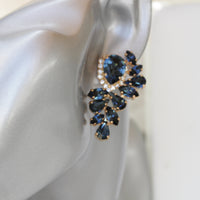 NAVY EARRINGS, Statement Earrings, Rebeka Large studs, Bridal Dark Blue Earrings, Blue Crystal Earrings,Bridal Blue Topaz Wedding studs