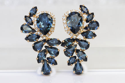 NAVY EARRINGS, Statement Earrings, Rebeka Large studs, Bridal Dark Blue Earrings, Blue Crystal Earrings,Bridal Blue Topaz Wedding studs