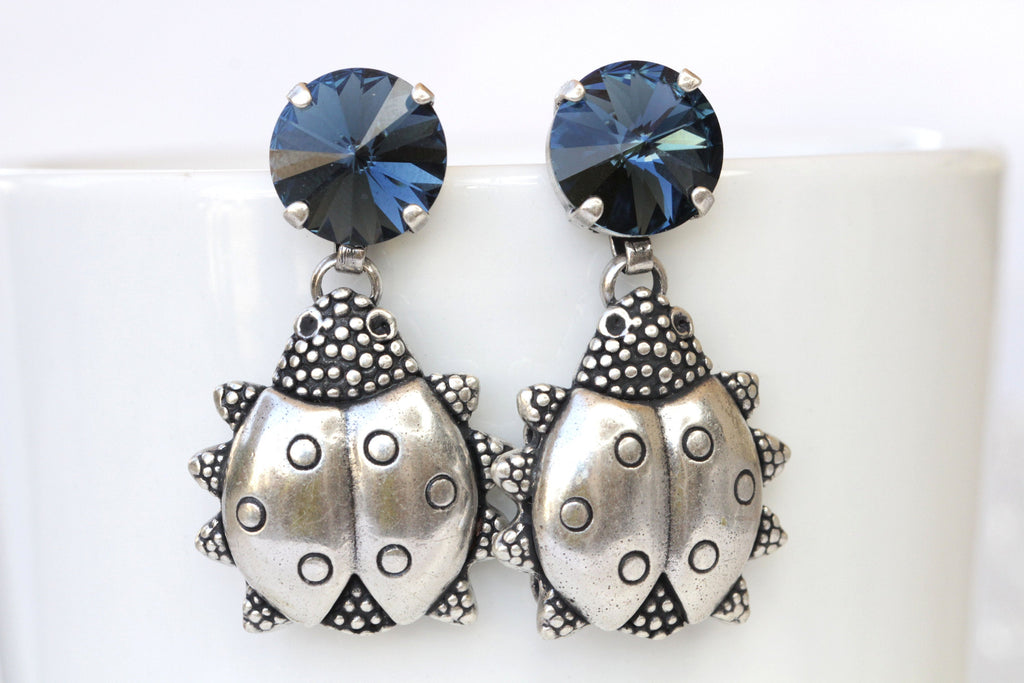 Navy Blue Dangle Earrings, Silver LADYBUG EARRINGS, Beatles Earrings, Animal Earrings, Teenagers Gift, Dark Blue, Cute Rebeka Jewelry