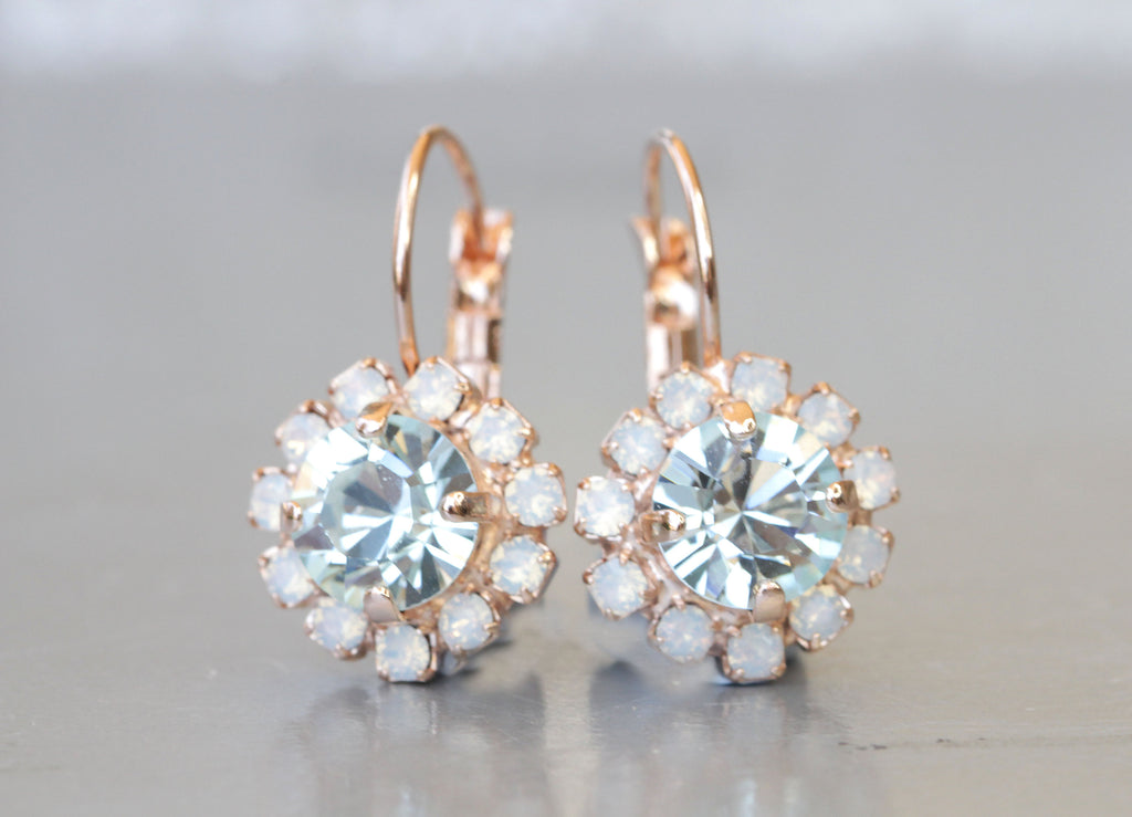 AQUAMARINE Bridesmaid EARRINGS Set Of 7, Rose Gold Blue Earrings,Rebeka Drop Earrings, Ice Blue And White Opal Earrings,Bridal Minimalist