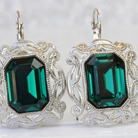 EMERALD STATEMENT EARRINGS, Dark Green Earrings, Rebeka Earrings, Antique Style, Big Drop Earrings, Filigree Jewelry,Emerald Cut Earrings