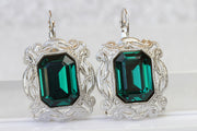 EMERALD STATEMENT EARRINGS, Dark Green Earrings, Rebeka Earrings, Antique Style, Big Drop Earrings, Filigree Jewelry,Emerald Cut Earrings