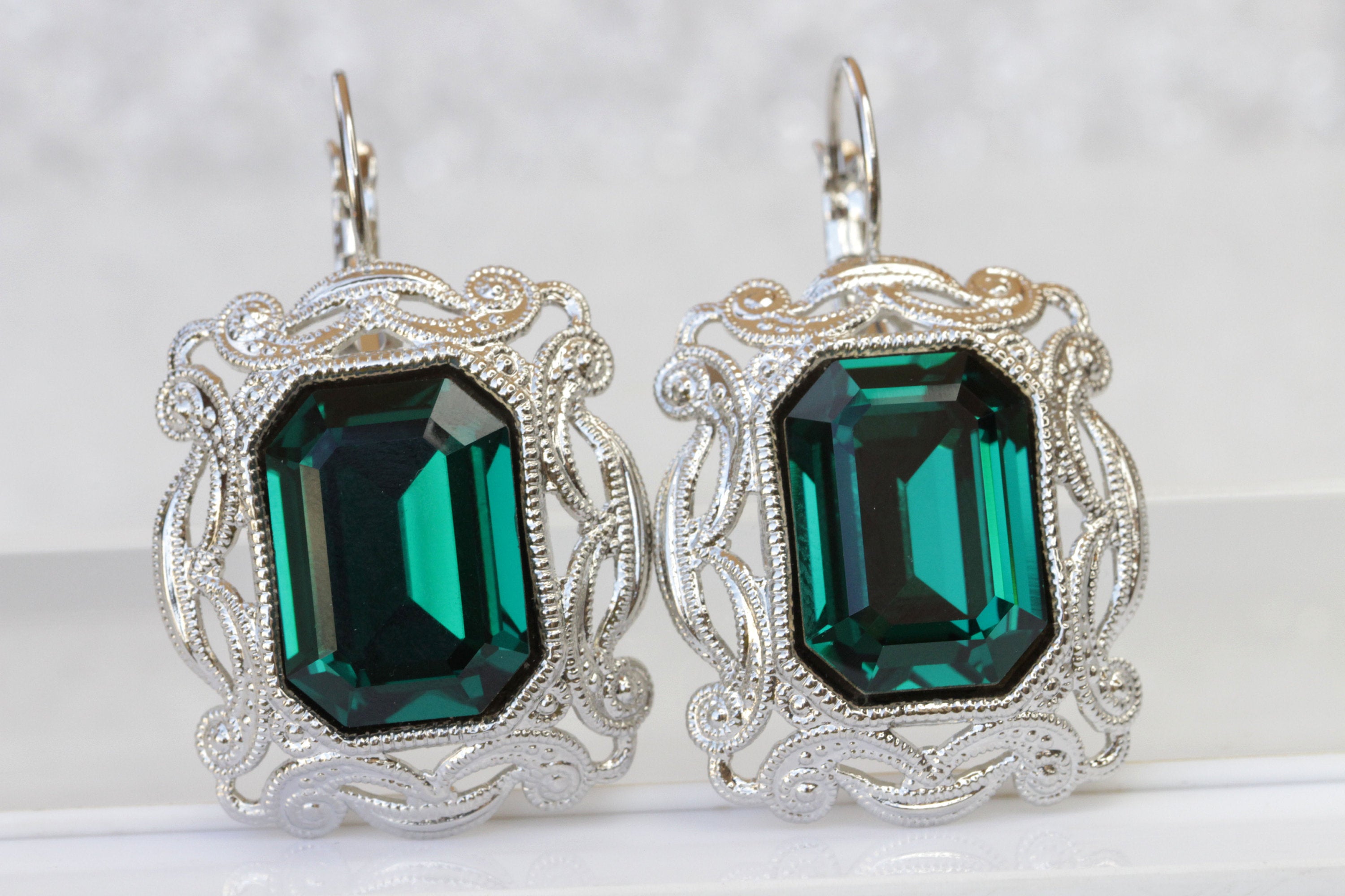 Emerald Earrings, Created Emerald, Emerald Green Earrings, newest Vintage Earrings, Statement Earrings, Heavy Earrings, Silver Earrings, Emerald