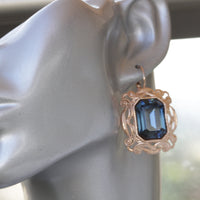 NAVY STATEMENT EARRINGS, Blue Navy Earrings, Rebeka Earrings,  Antique Looking, Leverback Earrings, Filigree Jewelry,Emerald Cut Earrings
