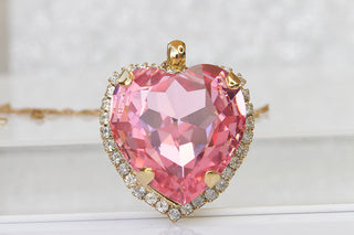 PINK HEART NECKLACE, Valentine's Day Gift for Wife, Statement Rebeka Heart Necklace,Heart Shaped Necklace, Big Gold Pendant Necklace Gift