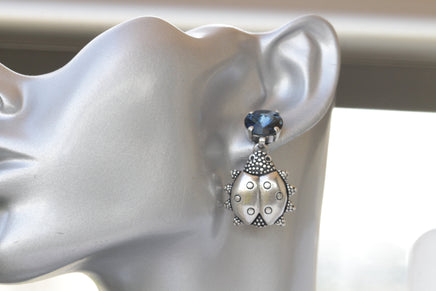 Navy Blue Dangle Earrings, Silver LADYBUG EARRINGS, Beatles Earrings, Animal Earrings, Teenagers Gift, Dark Blue, Cute Rebeka Jewelry