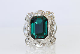 EMERALD STATEMENT RING, Dark Green Filigree Ring, Rebeka Earrings,Antique Style Big Ring, Formal Jewelry, Emerald Cut Cocktail Woman Ring