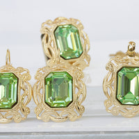 PERIDOT STATEMENT EARRINGS, Light Green Filigree Rebeka Earrings, Bridal Green Gold Drop Earrings, Peridot Crystal Earrings, Emerald Cut