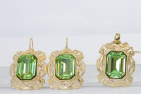 PERIDOT STATEMENT EARRINGS, Light Green Filigree Rebeka Earrings, Bridal Green Gold Drop Earrings, Peridot Crystal Earrings, Emerald Cut