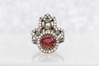 HAMSA RUBY Emerald RING, Evil Eye Ring, Silver Sterling And Brass Eye Ring, Hand Of Fatima Ring, Hamsa Ring, Protection Ring, Gift For Her