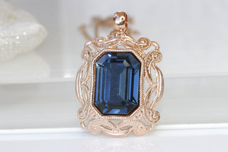 NAVY BLUE NECKLACE, Blue Navy Bridal Necklace, Rebeka Dark Blue Necklace,  Rose Gold Blue Necklace, Filigree Blue Necklace, Blue Topaz