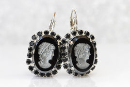 BLACK CAMEO EARRINGS, Man Portrait Earrings, Victorian Earrings, Retro Vintage Earrings, Dangle Cameo Earrings, Jet Rebeka Oval Earrings,