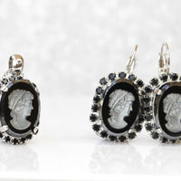 BLACK CAMEO EARRINGS, Man Portrait Earrings, Victorian Earrings, Retro Vintage Earrings, Dangle Cameo Earrings, Jet Rebeka Oval Earrings,
