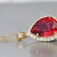 RED RUBY NECKLACE, Red Rebeka Necklace, Teardrop Ruby Pendant, Gold Red Ruby Crystal Necklace, Classic Bridal Red Jewelry, Gift For Wife.