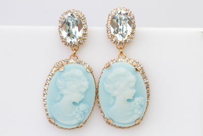 BIG CAMEO EARRINGS, Blue Turquoise Cameo Earrings, Victorian Vintage Bridal Earrings, Chandelier Ice Blue Earrings, Rebeka Earrings, Gift