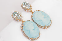 BIG CAMEO EARRINGS, Blue Turquoise Cameo Earrings, Victorian Vintage Bridal Earrings, Chandelier Ice Blue Earrings, Rebeka Earrings, Gift