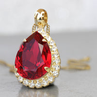 RED RUBY NECKLACE, Red Rebeka Necklace, Teardrop Ruby Pendant, Gold Red Ruby Crystal Necklace, Classic Bridal Red Jewelry, Gift For Wife.