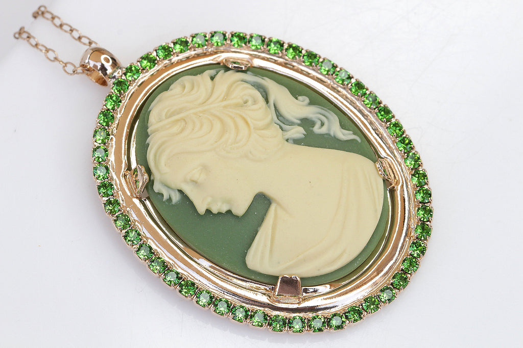 EMERALD CAMEO NECKLACE, Statement Green Cameo Necklace, Rebeka and Cameo, Vintage Antique Style, Bridal Rustic Wedding Jewelry, Gift Idea
