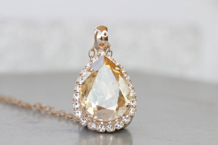 Champagne NECKLACE, Rebeka Crystal Woman Pendant Necklace, Bridesmaid Golden Shadow Necklace, Bride Gift,Light Silk Topaz Bridal Necklace