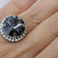 GRAY RING, Gray Silver Night Ring, Rebeka Rings, Big Round Stone Ring, Cocktail Dark Grey Ring,,Signet Engagement Ring, Women&#39;s Ring