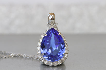 BLUE NECKLACE, Blue Sapphire Necklace, Blue Royal Wedding Jewelry, Teardrop Silver Blue Necklace, Rebeka Crystal Lady D Style Necklace