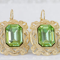 PERIDOT STATEMENT EARRINGS, Light Green Filigree Rebeka Earrings, Bridal Green Gold Drop Earrings, Peridot Crystal Earrings, Emerald Cut